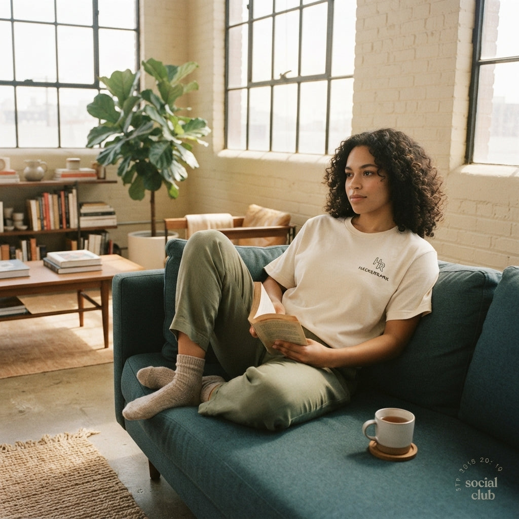 A person wearing a relaxed-fit t-shirt sitting on a couch in a bright loft apartment with deep teal and warm cream decor.